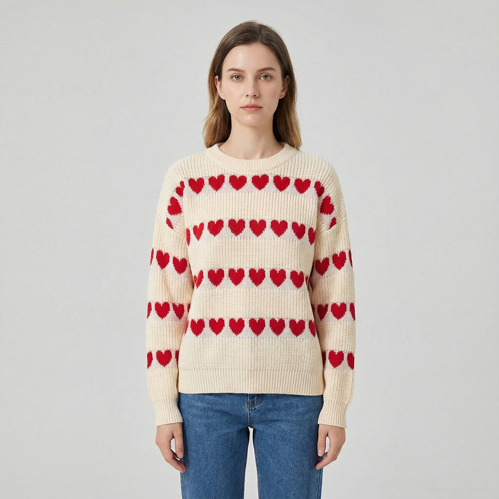 Women's Crew Neck Knit Sweater with Heart Pattern