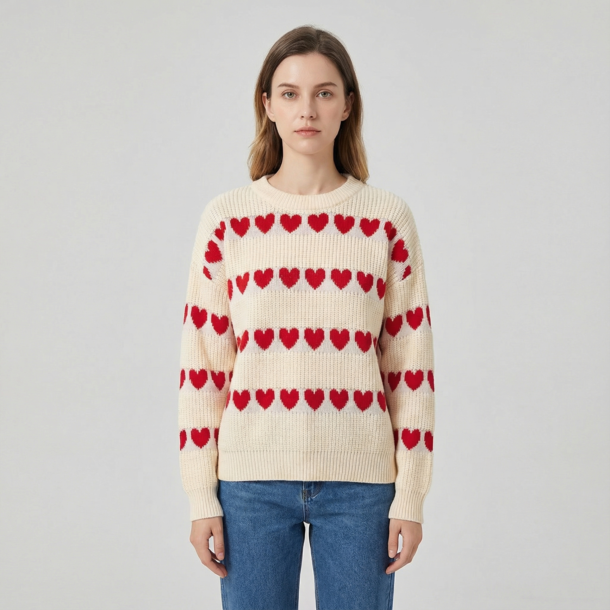Women's Crew Neck Knit Sweater with Heart Pattern