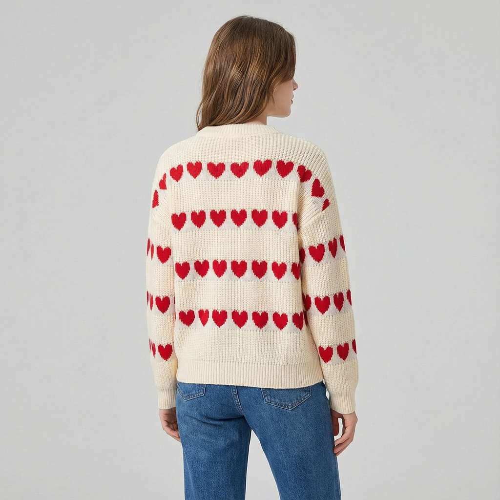 Women's Crew Neck Knit Sweater with Heart Pattern
