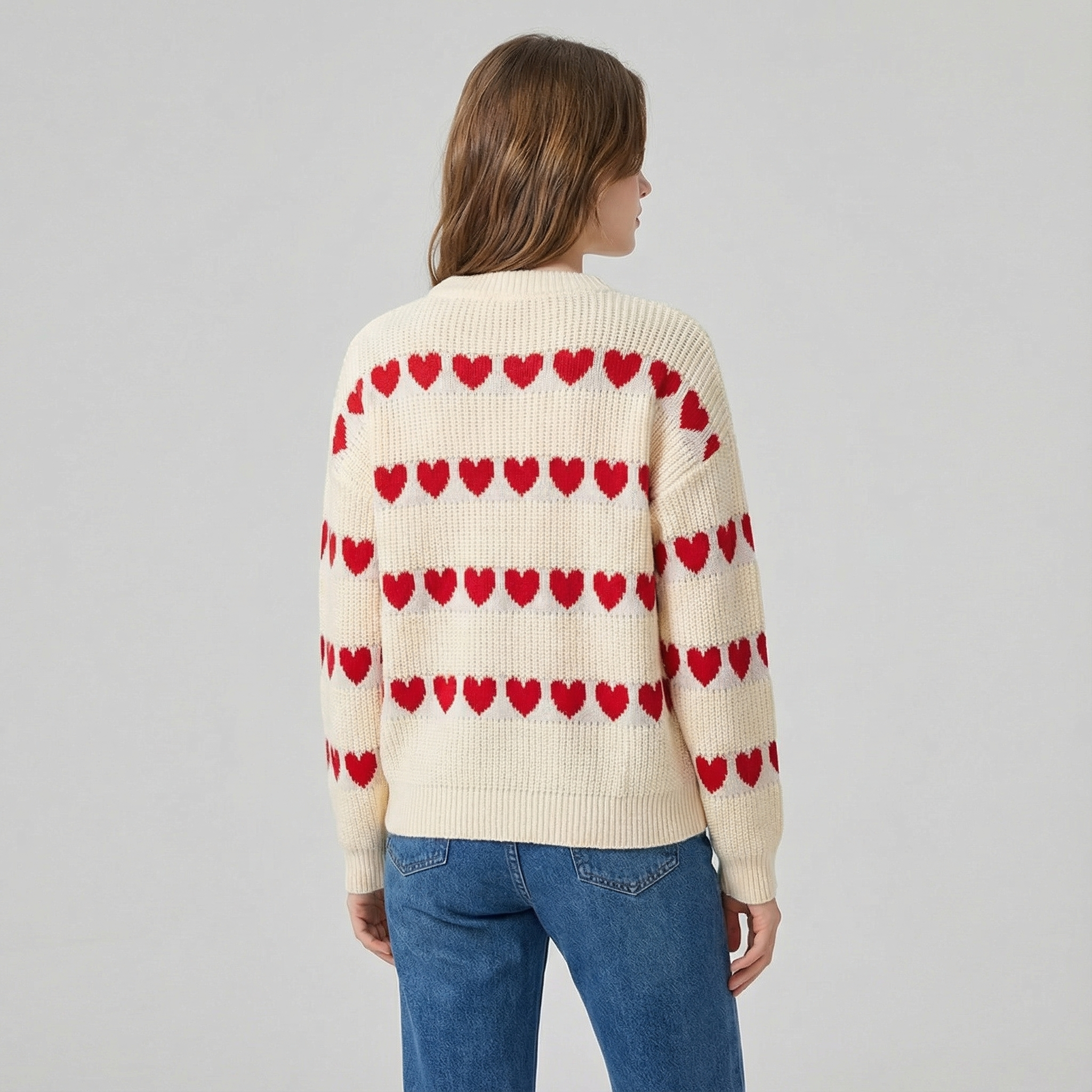 Women's Crew Neck Knit Sweater with Heart Pattern