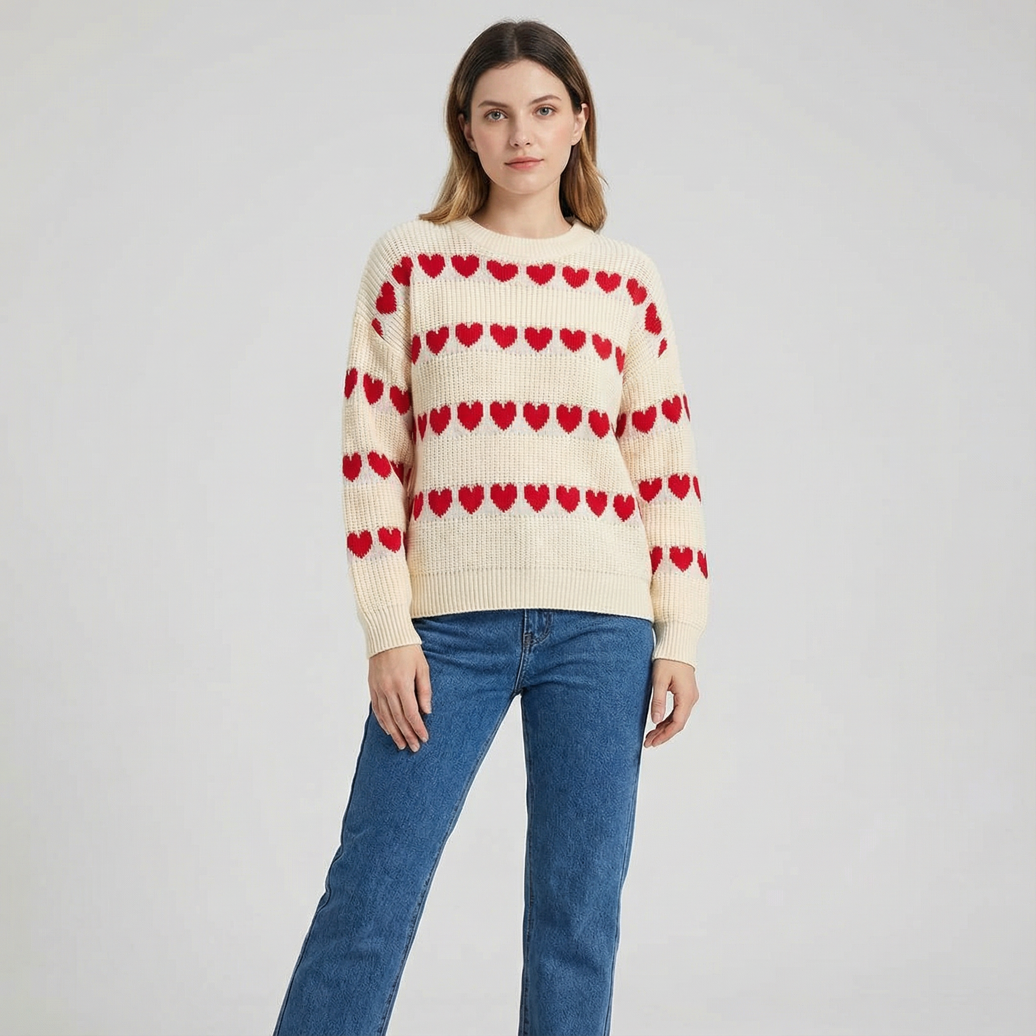 Women's Crew Neck Knit Sweater with Heart Pattern