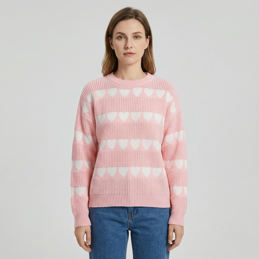 Women's Crew Neck Knit Sweater with Heart Pattern