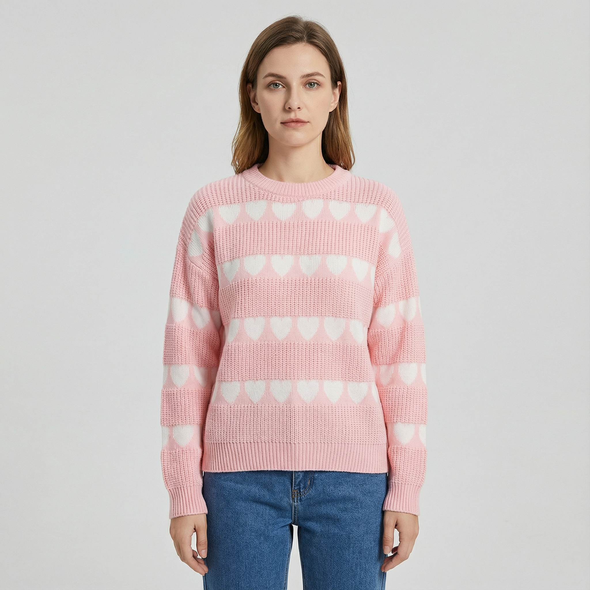 Women's Crew Neck Knit Sweater with Heart Pattern