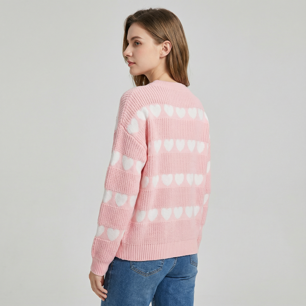 Women's Crew Neck Knit Sweater with Heart Pattern