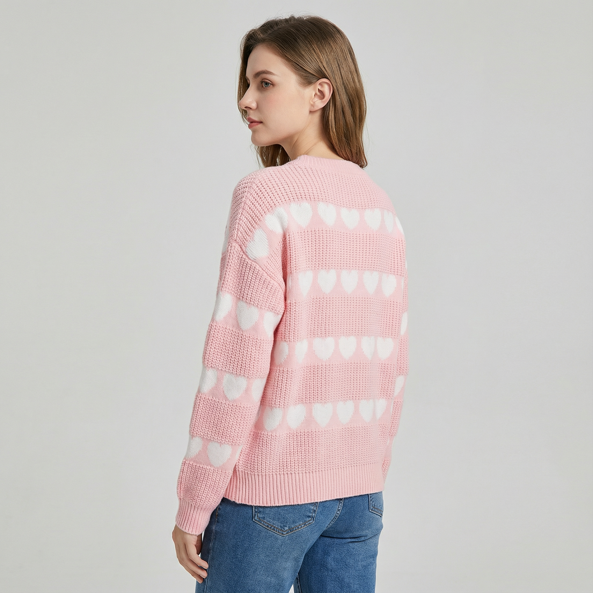 Women's Crew Neck Knit Sweater with Heart Pattern
