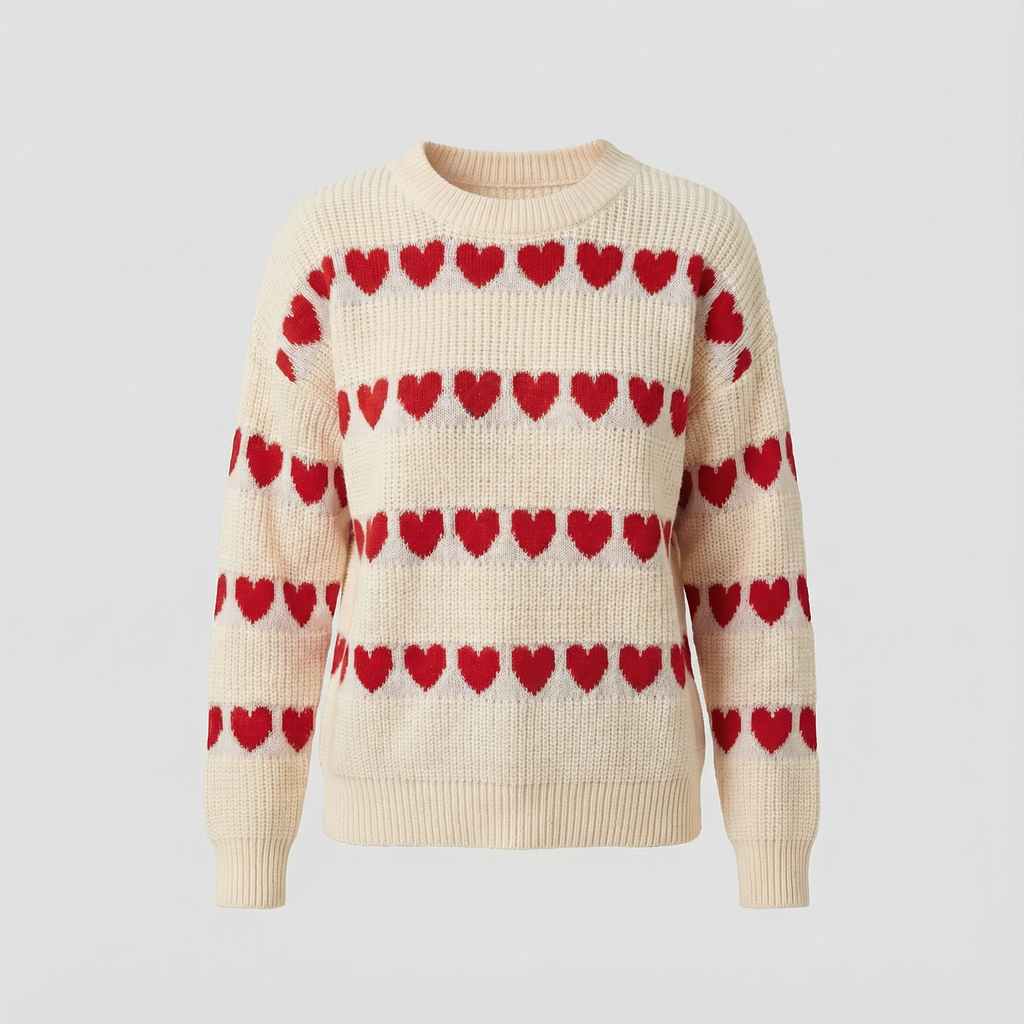 Women's Crew Neck Knit Sweater with Heart Pattern