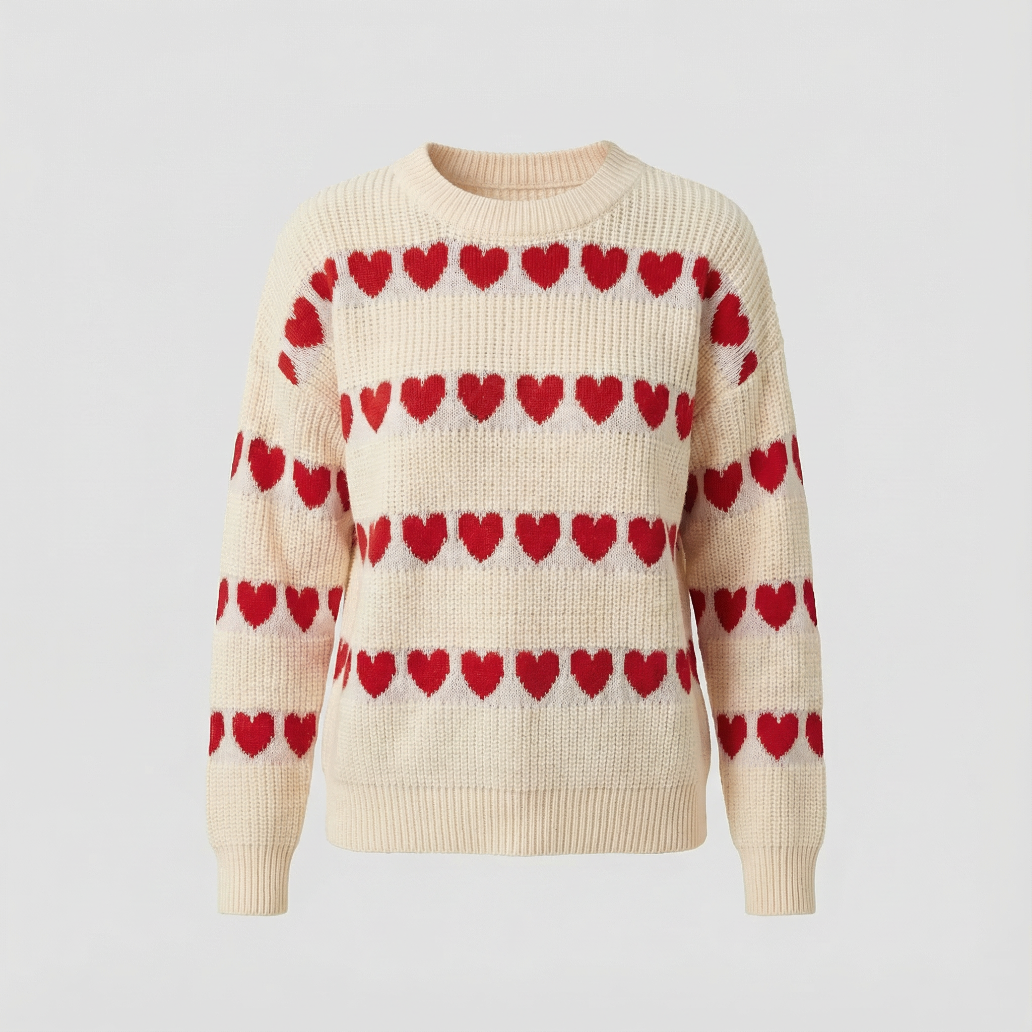 Women's Crew Neck Knit Sweater with Heart Pattern