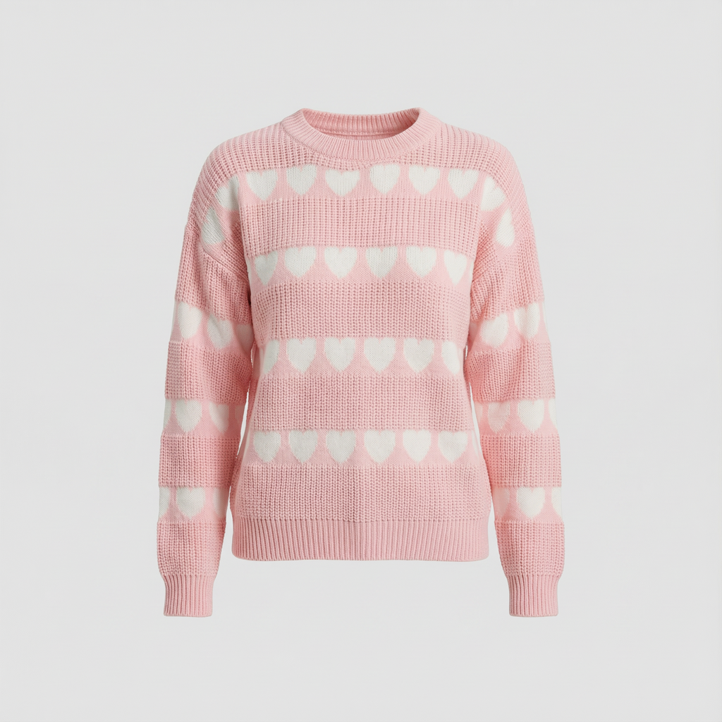 Women's Crew Neck Knit Sweater with Heart Pattern