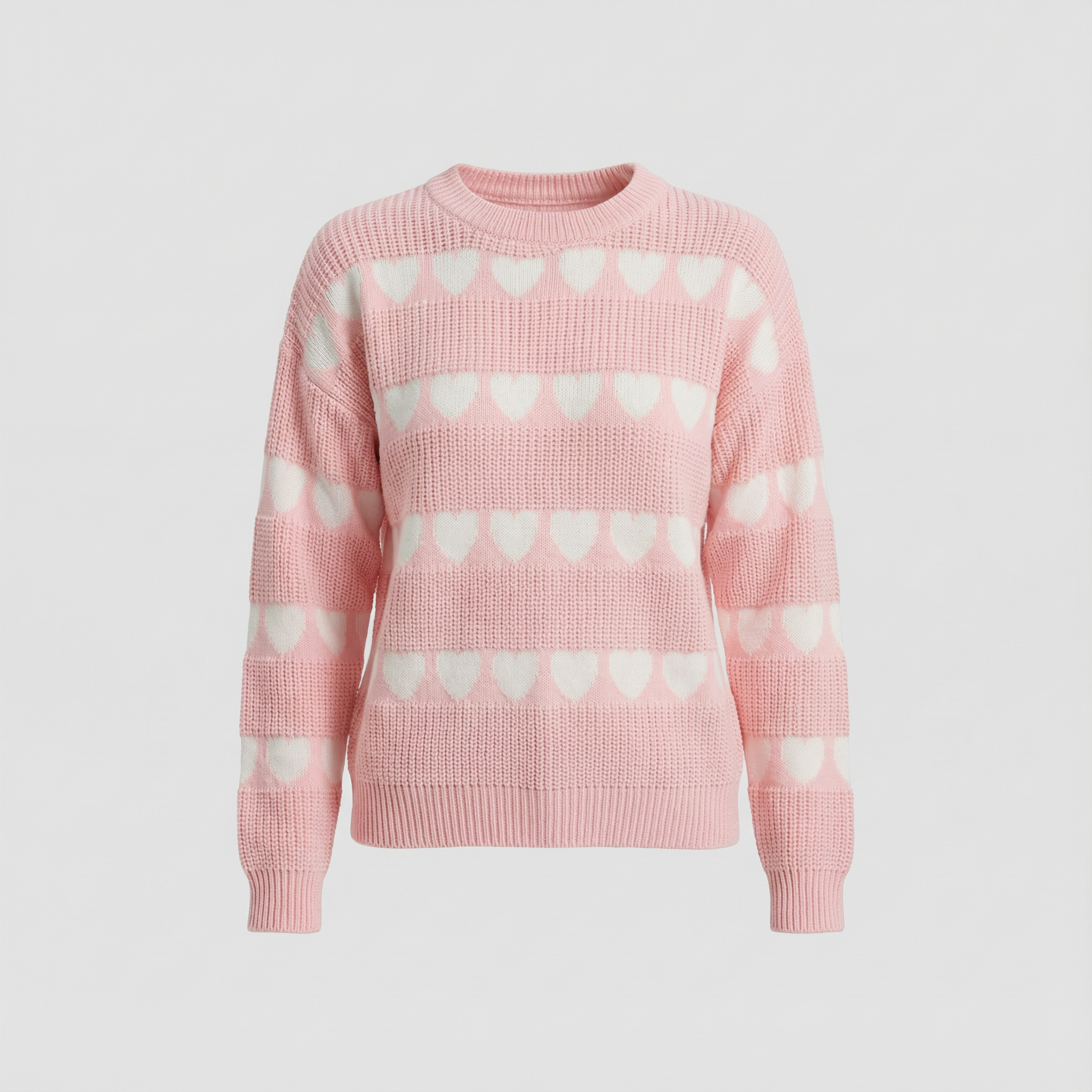 Women's Crew Neck Knit Sweater with Heart Pattern