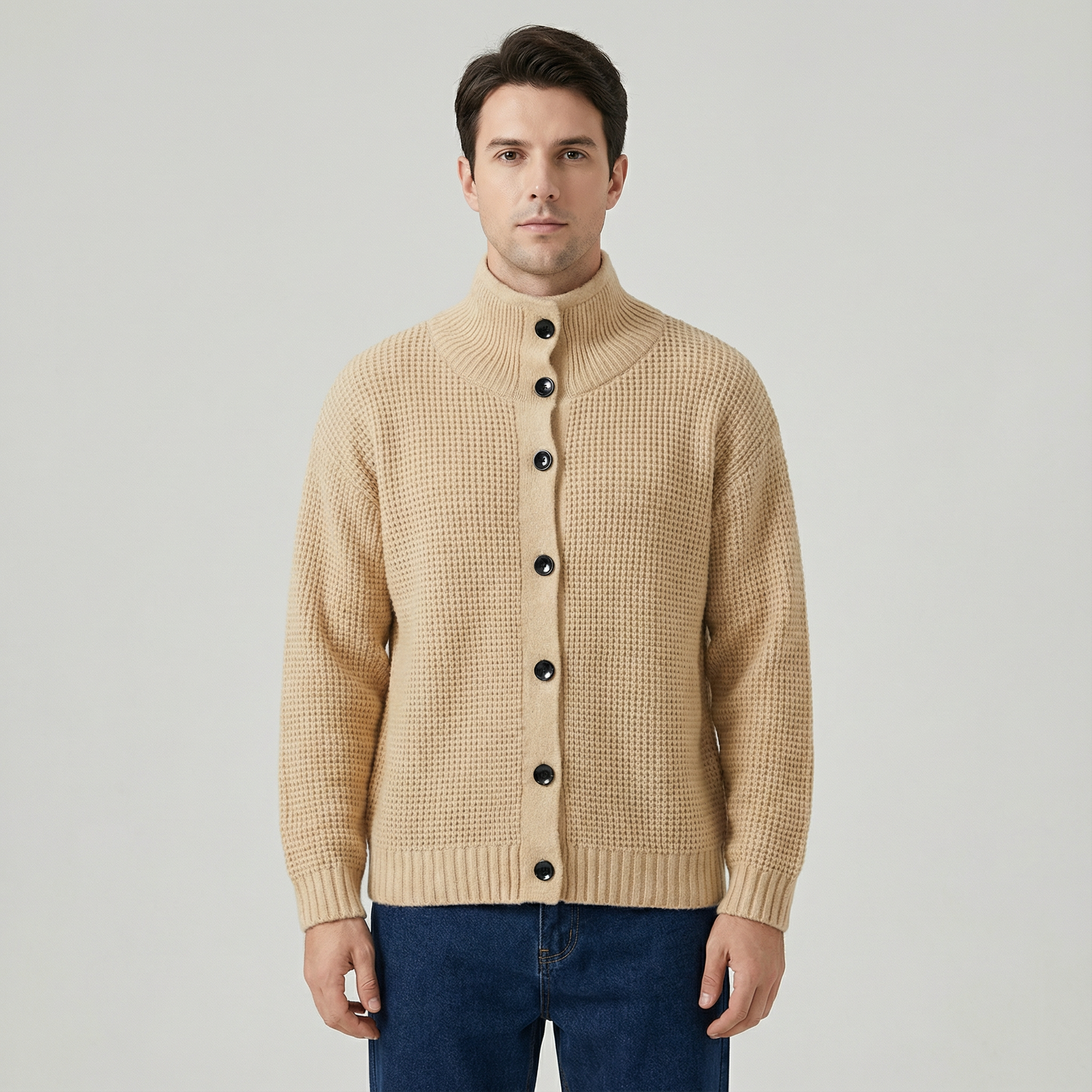 Men's Textured Knit Cardigan with High Collar