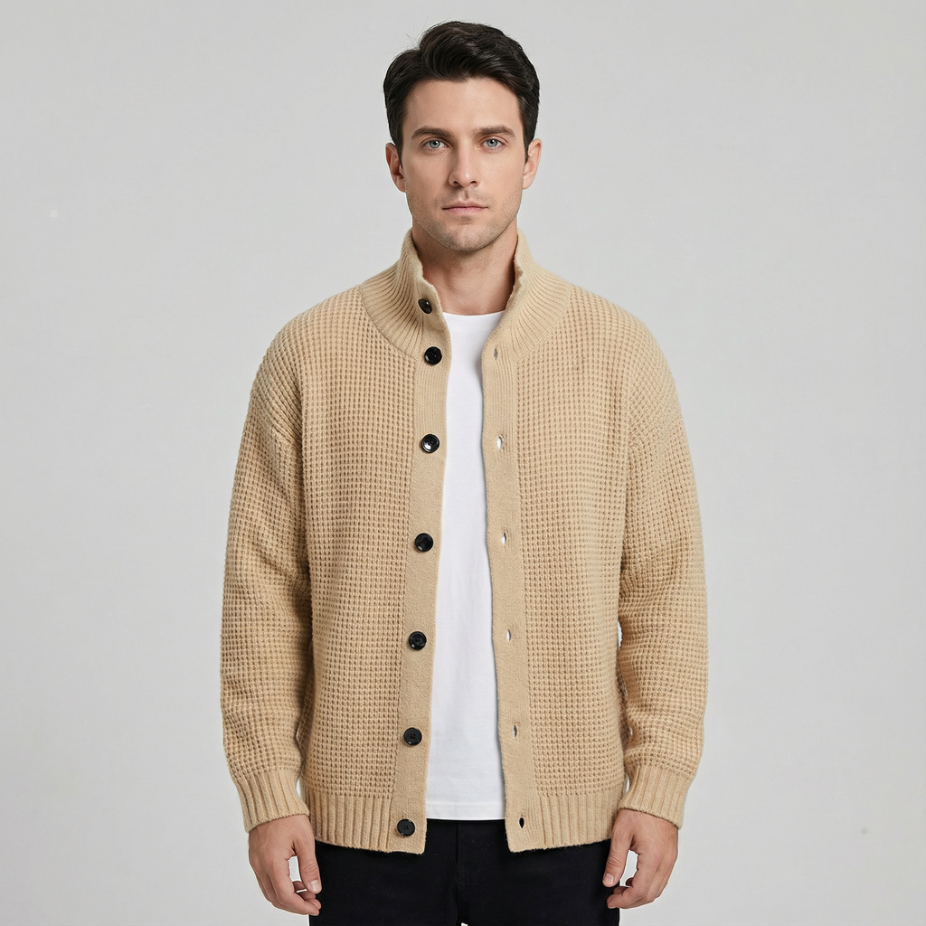 Men's Textured Knit Cardigan with High Collar