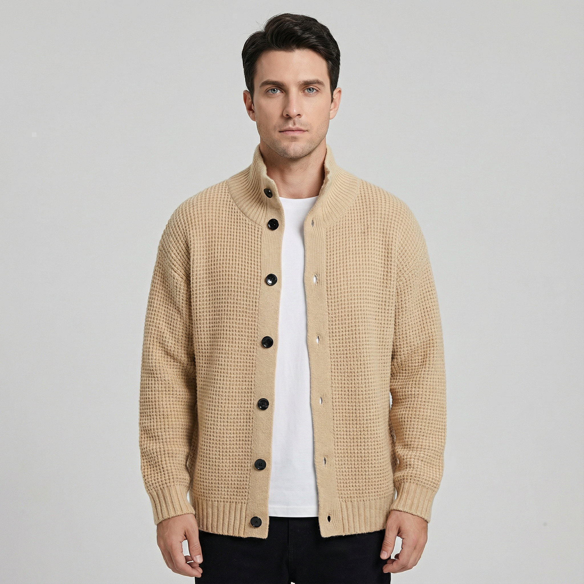 Men's Textured Knit Cardigan with High Collar