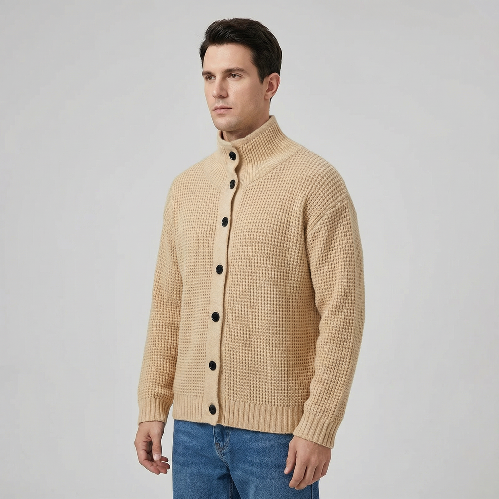 Men's Textured Knit Cardigan with High Collar
