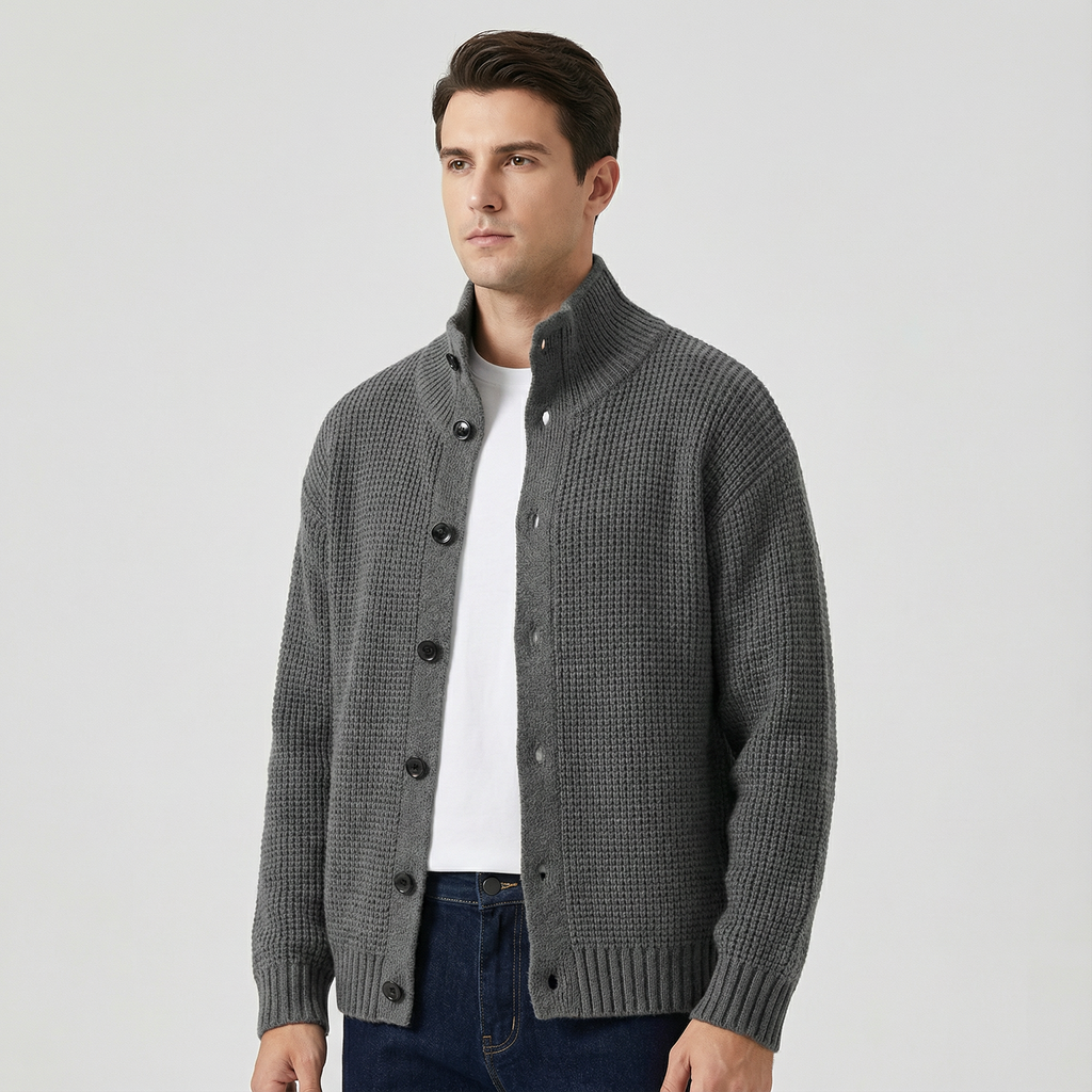 Men's Textured Knit Cardigan with High Collar