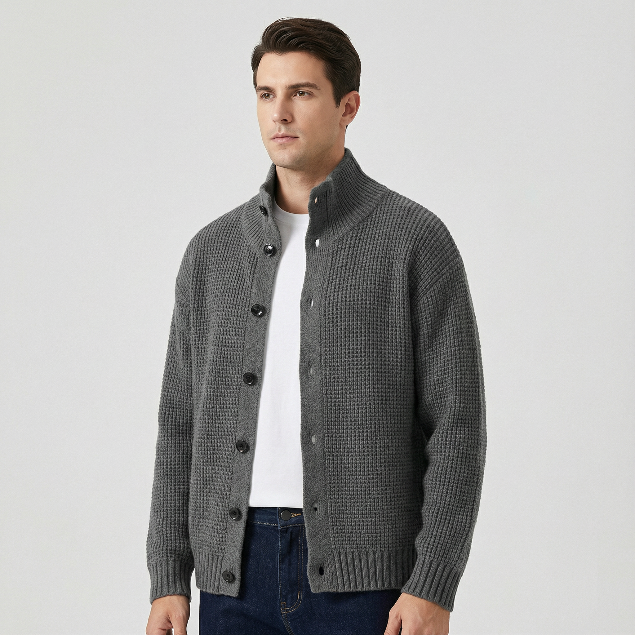 Men's Textured Knit Cardigan with High Collar