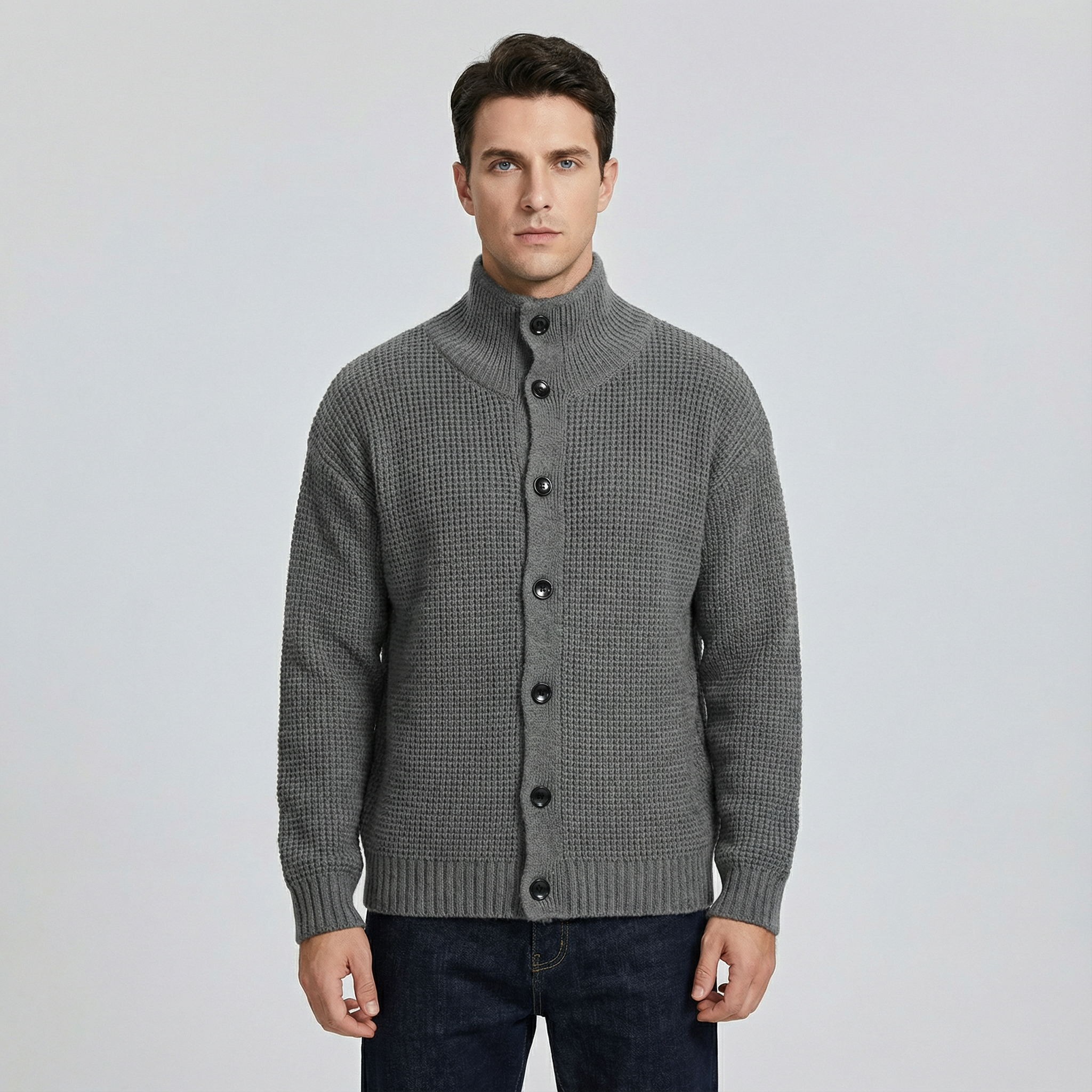 Men's Textured Knit Cardigan with High Collar