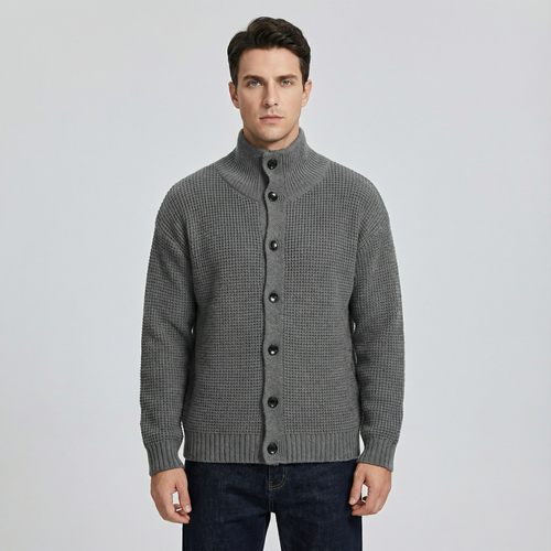 Men's Textured Knit Cardigan with High Collar