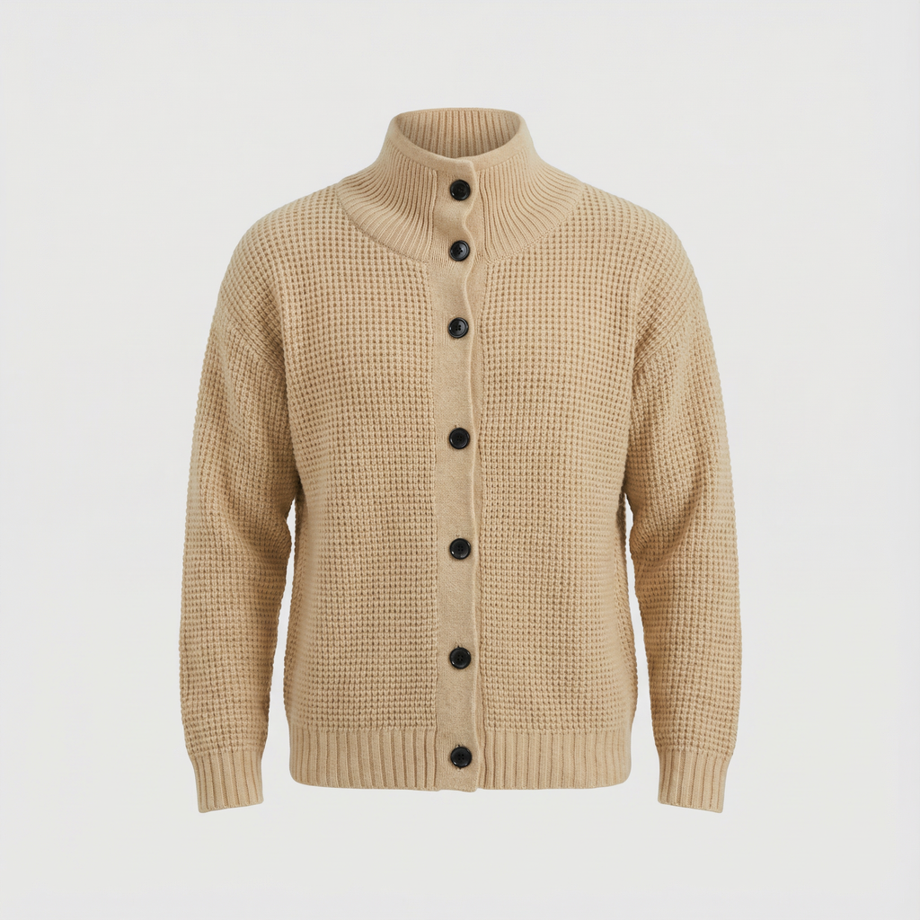 Men's Textured Knit Cardigan with High Collar