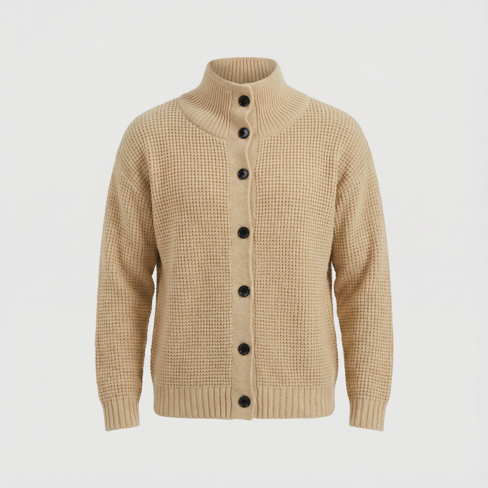 Men's Textured Knit Cardigan with High Collar