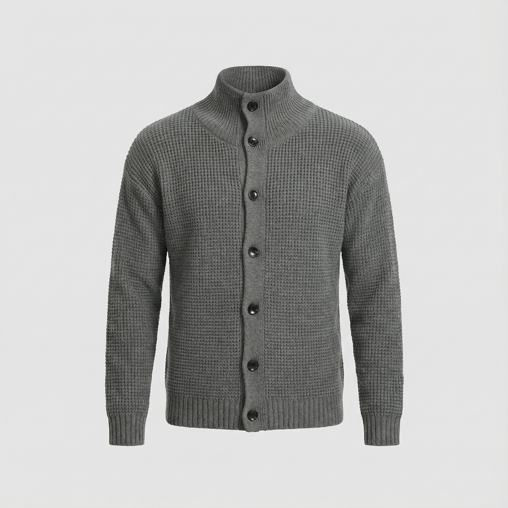 Men's Textured Knit Cardigan with High Collar