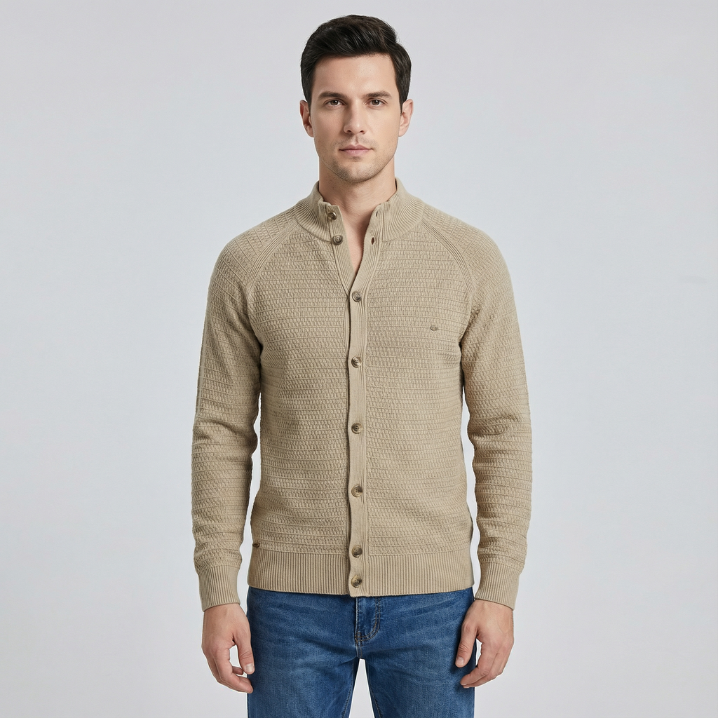 Men's Textured Knit Cardigan with Stand Collar