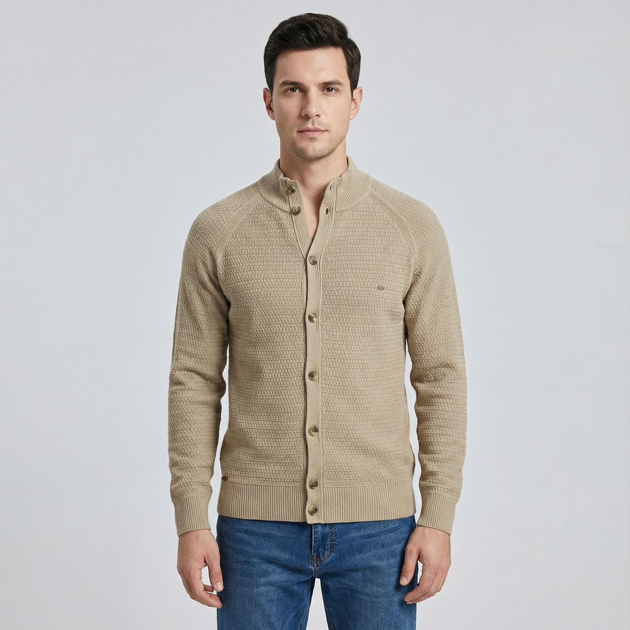 Men's Textured Knit Cardigan with Stand Collar
