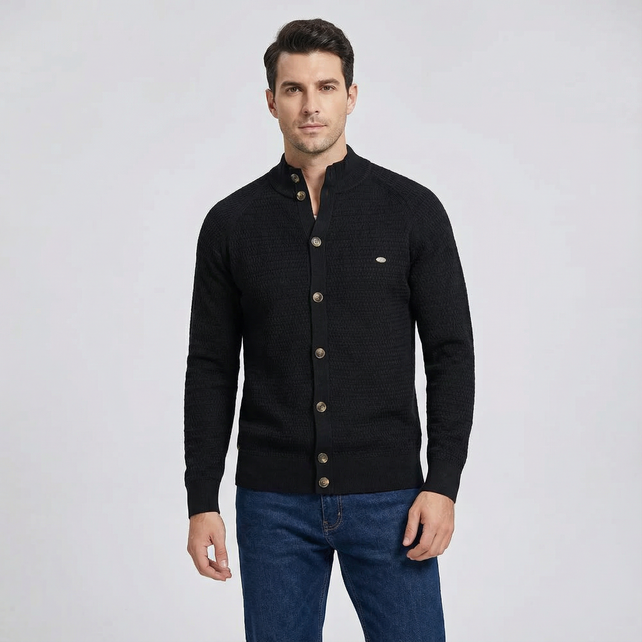 Men's Textured Knit Cardigan with Stand Collar