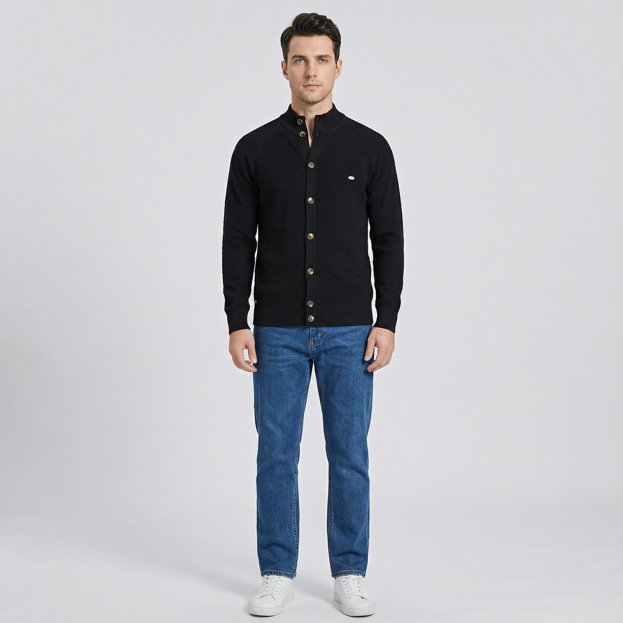 Men's Textured Knit Cardigan with Stand Collar